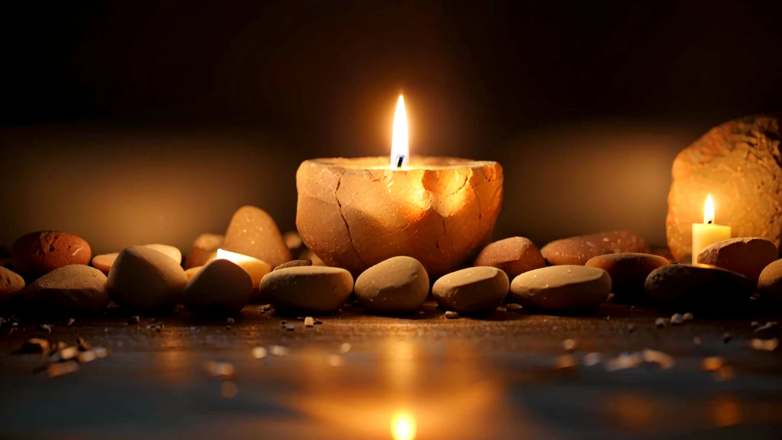 there is a lit candle sitting on a table with rocks, peaceful ambience, floating candles, candle light, candle lit, the candle is on a wooden table, candle, natural candle lighting, lit with candles, holy flame spell, candle lights, candlelight, candlelit, candle lighting, serene lighting, glowing candles, beautiful ambiance, lit candles, peaceful atmosphere