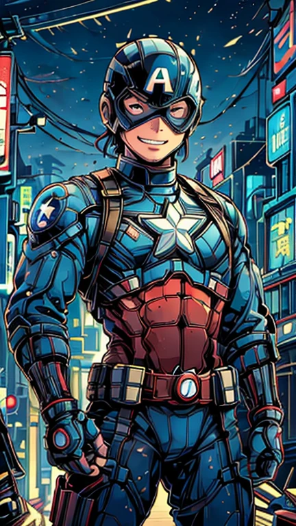 (8k),(masterpiece),(Japanese),(13-year-old boy),((innocent look)),((Childish)),From the front,smile,cute,Innocent,Kind eyes,Flat chest, Captain America, Blue Helmet, Blue Domino Mask,Short,Hair covered by helmet,Blonde Hair,Strong wind,night,dark, Neon light cyberpunk city