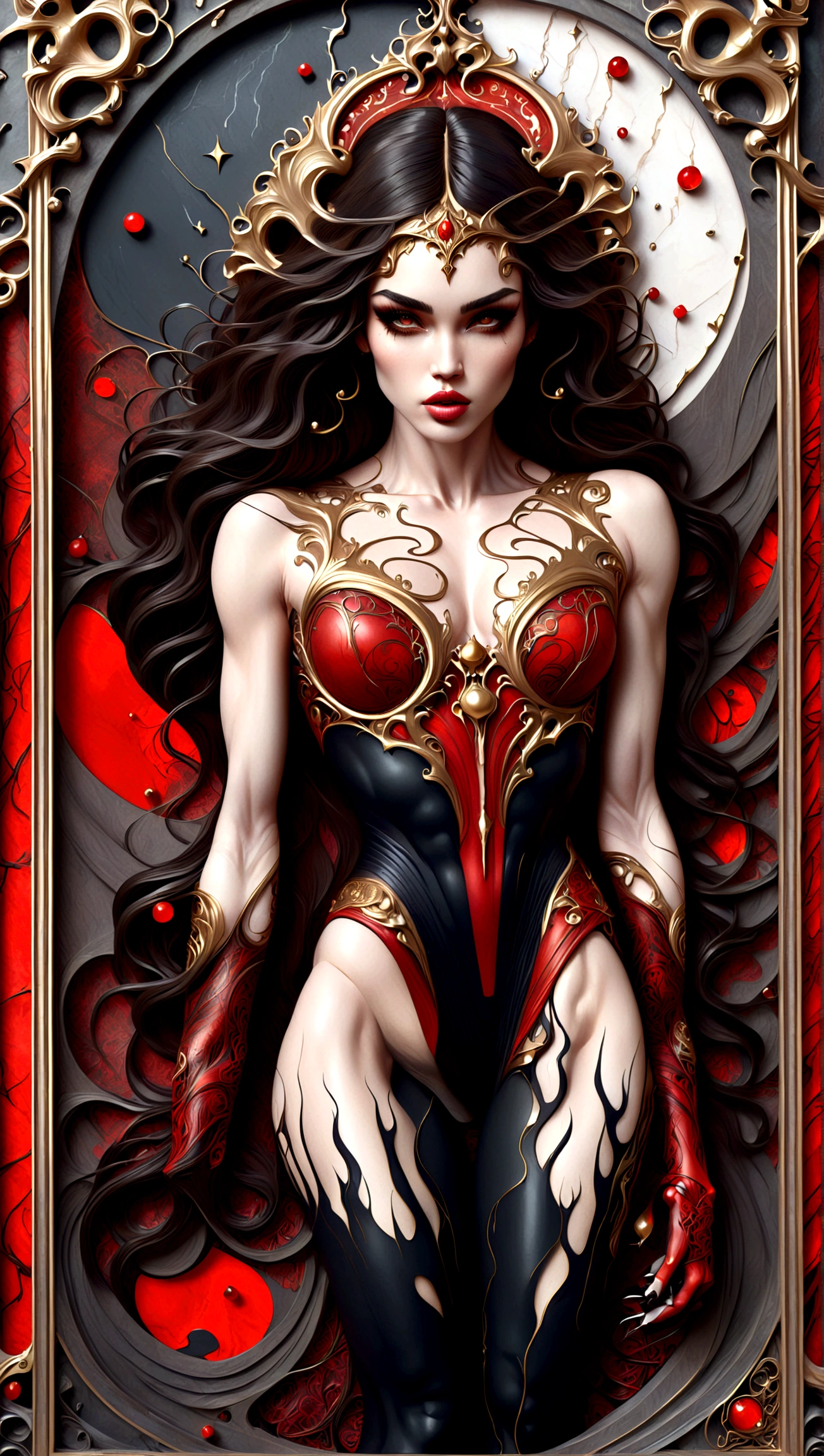 a beautiful illustration of megan fox as a very muscular vampire girl in an abstract marble texture with a tarot style frame, with colors of obsidian black, shiny gold, and ruby red, highly detailed, intricate design, BY Anne Bachelier,