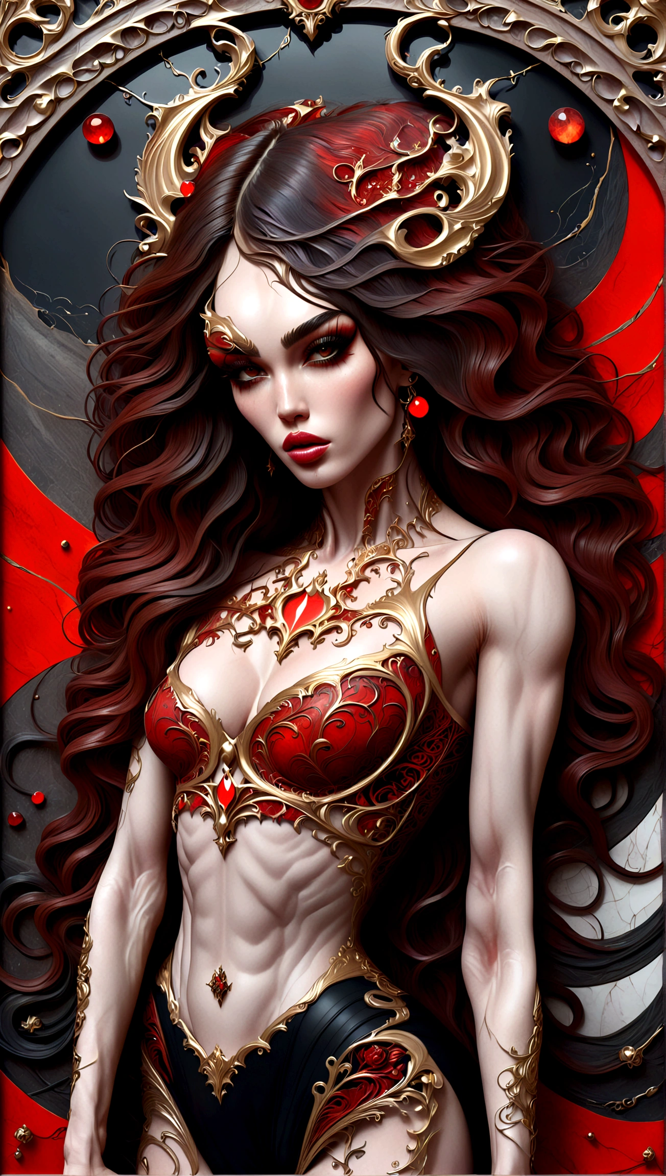 a beautiful illustration of megan fox as a very muscular vampire girl in an abstract marble texture with a tarot style frame, with colors of obsidian black, shiny gold, and ruby red, highly detailed, intricate design, BY Anne Bachelier,