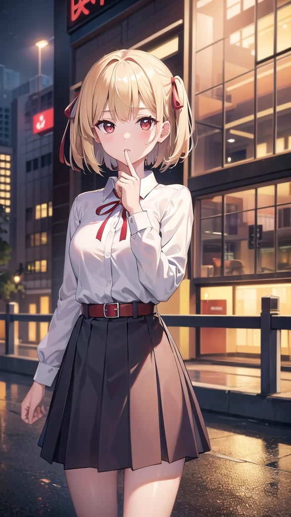 chisatonishikigi, nishikigi chisato, short hair, bangs, blonde hair, (red eyes:1.5), hair ribbon, one side up, bob cut, BREAK shirt, long sleeves, dress, ribbon, white shirt, collared shirt, belt, neck ribbon, red dress, blue ribbon, pleated dress, grey dress, two-tone dress, red belt, lycoris uniform,pantyhose,wet shirt,bra vissible, BREAK outdoors,BREAK looking at viewer, BREAK (masterpiece:1.2), best quality, high resolution, unity 8k wallpaper, (illustration:0.8), (beautiful detailed eyes:1.6), extremely detailed face, perfect lighting, extremely detailed CG, (perfect hands, perfect anatomy),city, night, wet road, reflections,from below, full body shot.