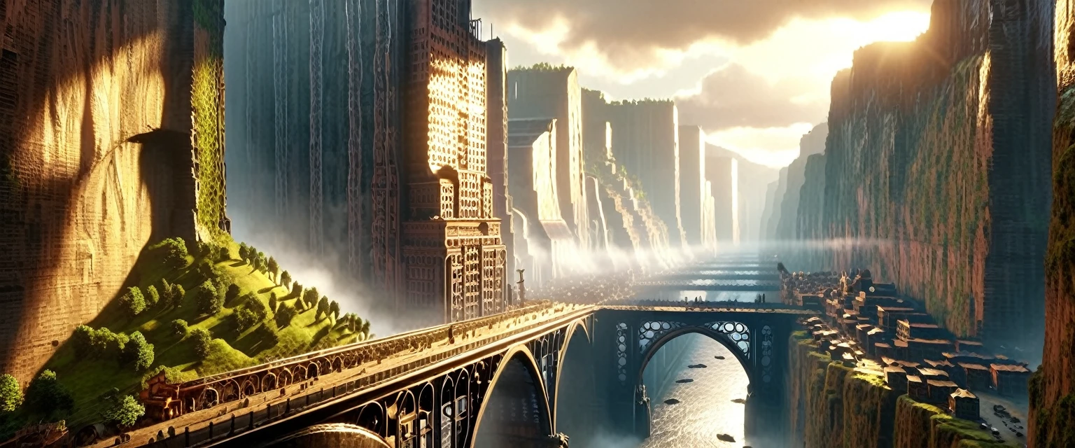 ((masterpiece)),((best quality)),((high detial)),((realistic,)) Industrial age city, deep canyons in the middle, architectural streets, bazaars, Bridges, rainy days, steampunk, European architecture