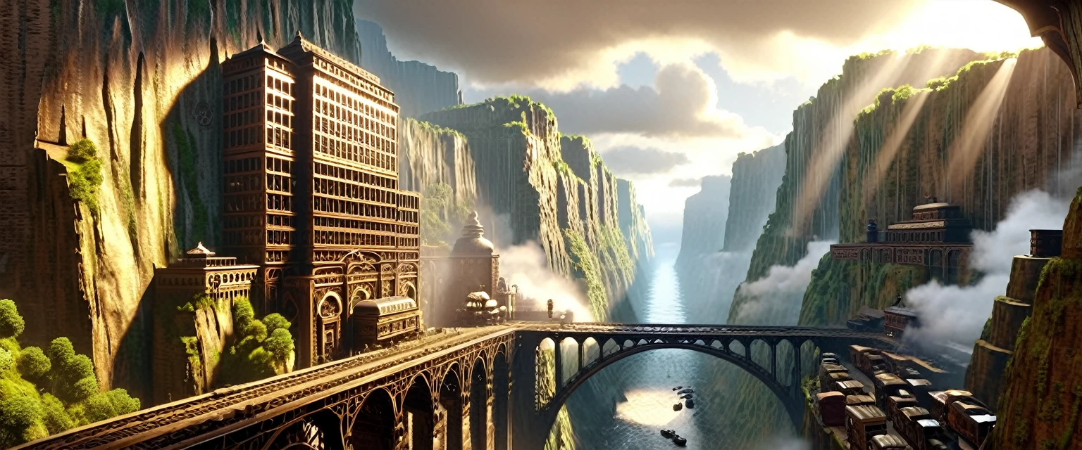 ((masterpiece)),((best quality)),((high detial)),((realistic,)) Industrial age city, deep canyons in the middle, architectural streets, bazaars, Bridges, rainy days, steampunk, European architecture