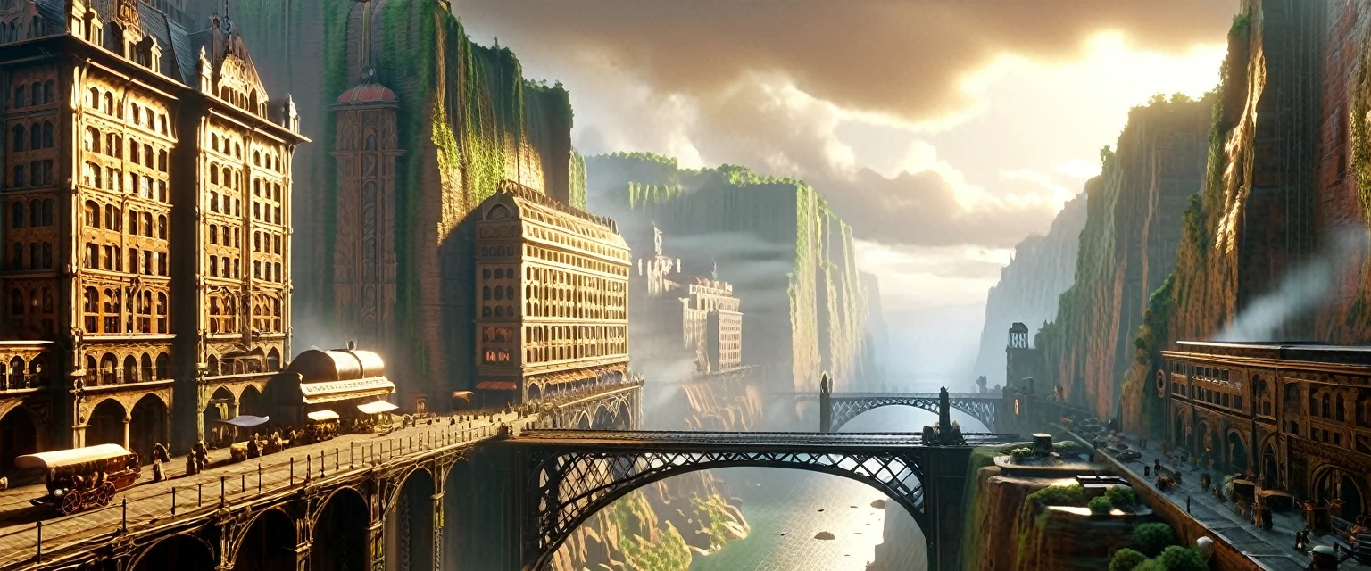 ((masterpiece)),((best quality)),((high detial)),((realistic,)) Industrial age city, deep canyons in the middle, architectural streets, bazaars, Bridges, rainy days, steampunk, European architecture