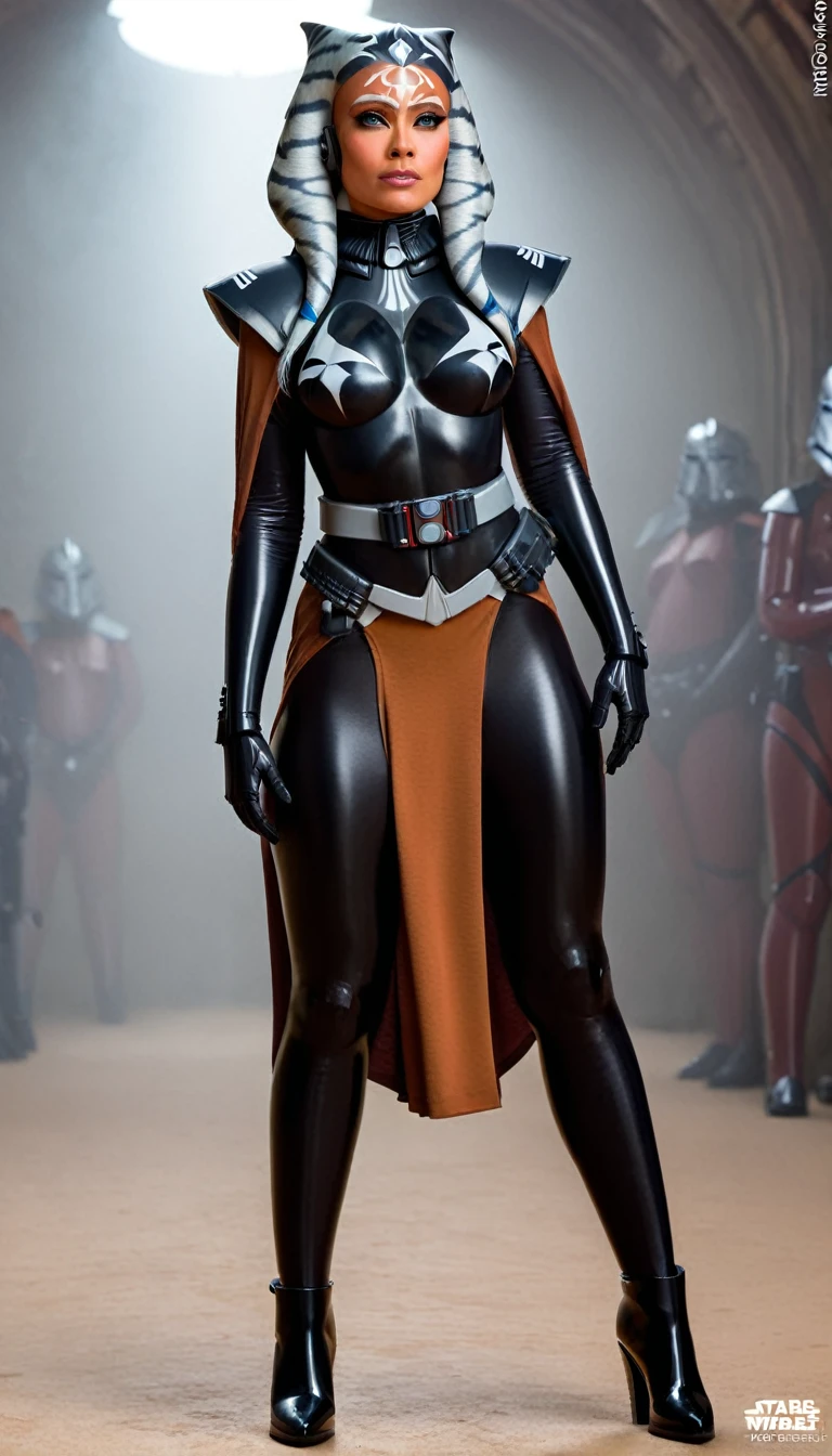 A beautiful sexy , ahsoka, skin tight latex, dressed as latex imperial officer, (detailed realistic,4k,highres,masterpiece:1.2),
