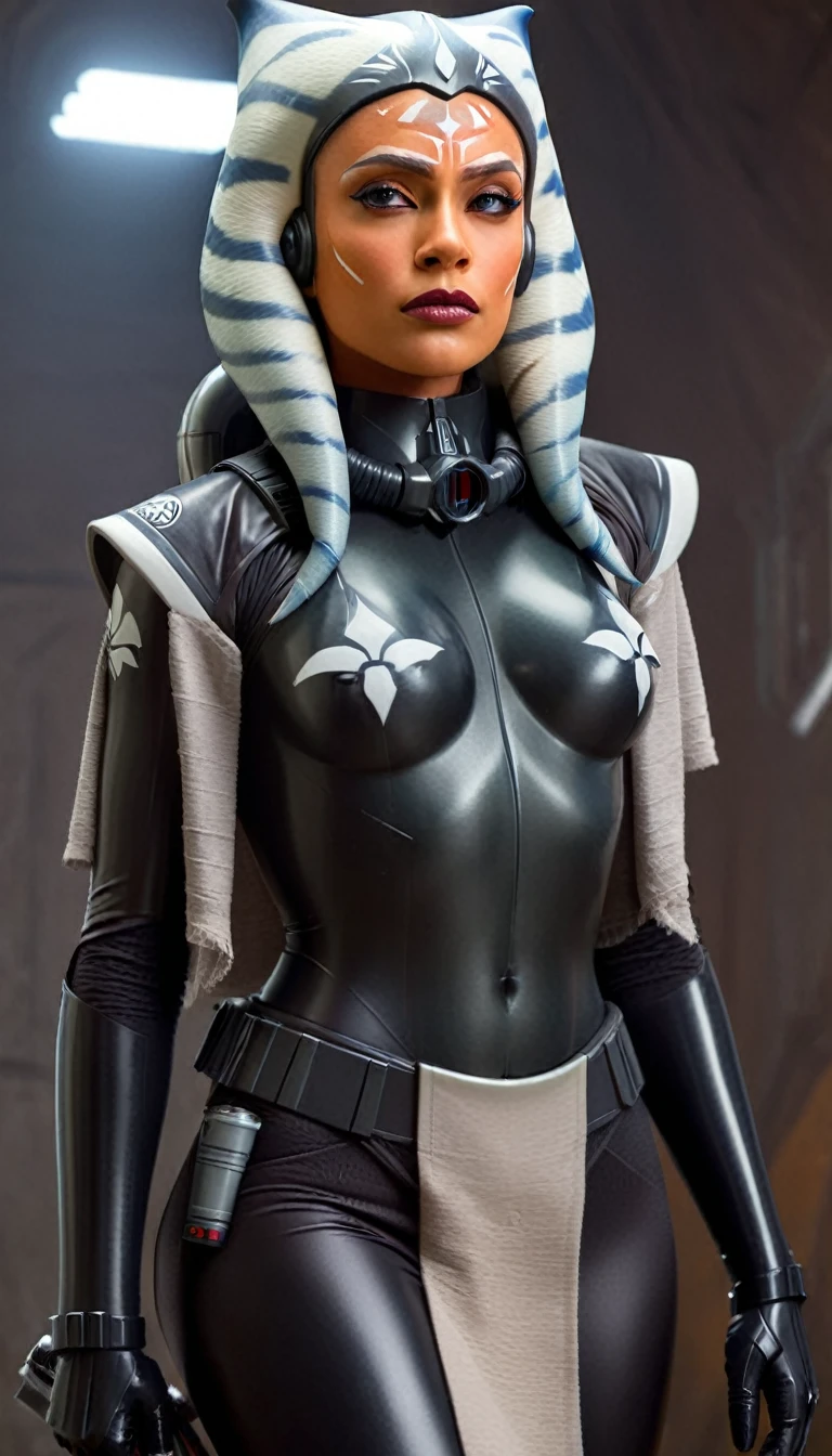 A beautiful sexy , ahsoka, skin tight latex, dressed as latex imperial officer, (detailed realistic,4k,highres,masterpiece:1.2),
