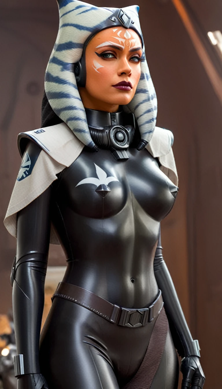 A beautiful sexy , ahsoka, skin tight latex, dressed as latex imperial officer, (detailed realistic,4k,highres,masterpiece:1.2),
