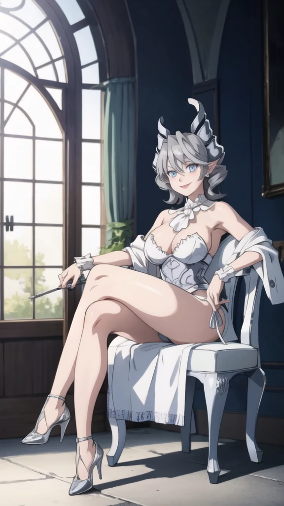 Outside castle top High level image quality best image quality 8K adult woman silver castle outside more colors whole body view portrait bikini horn ears short hair((shortcut)(gray hair)(perm)(fluffy)) eye color is blue , , attractive evil face , smile , sexy pose , labrynth , barearm , wearing white , sitting on chair , crossed legs, view heels , view side