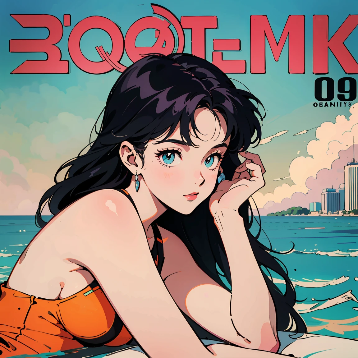 Best image quality, 1980s style animation, 21 year old girl, black hair, Permed hair, bright eyes,  Pretty Eyes, eye line, retro, Summer Clothes, magazine cover, whole body , city , evening in the park, posing, So sexy, so pretty. 짙은 eye line, ocean, Ocean, Summer Vacation