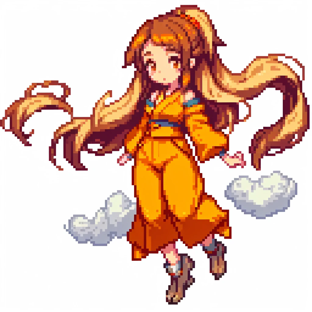 masterpiece , best quality , pixel art , 1 girl , Looks like a village girl from Japan anime, full body , white background,Her hair is brown and shoulder-length , Wearing orange clothes