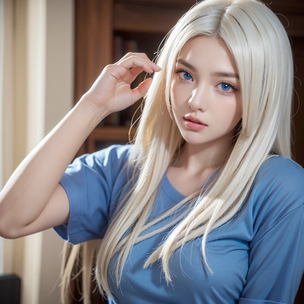 a beautiful detailed 1girl, extremely detailed eyes and face, long silky white hair, beautiful blue eyes, looking at viewer, realistic, photorealistic, photo-realistic, HDR, 8k, high quality, masterpiece, professional, ultra-detailed, vivid colors, studio lighting, physically-based rendering,Room background, t-shirts,  