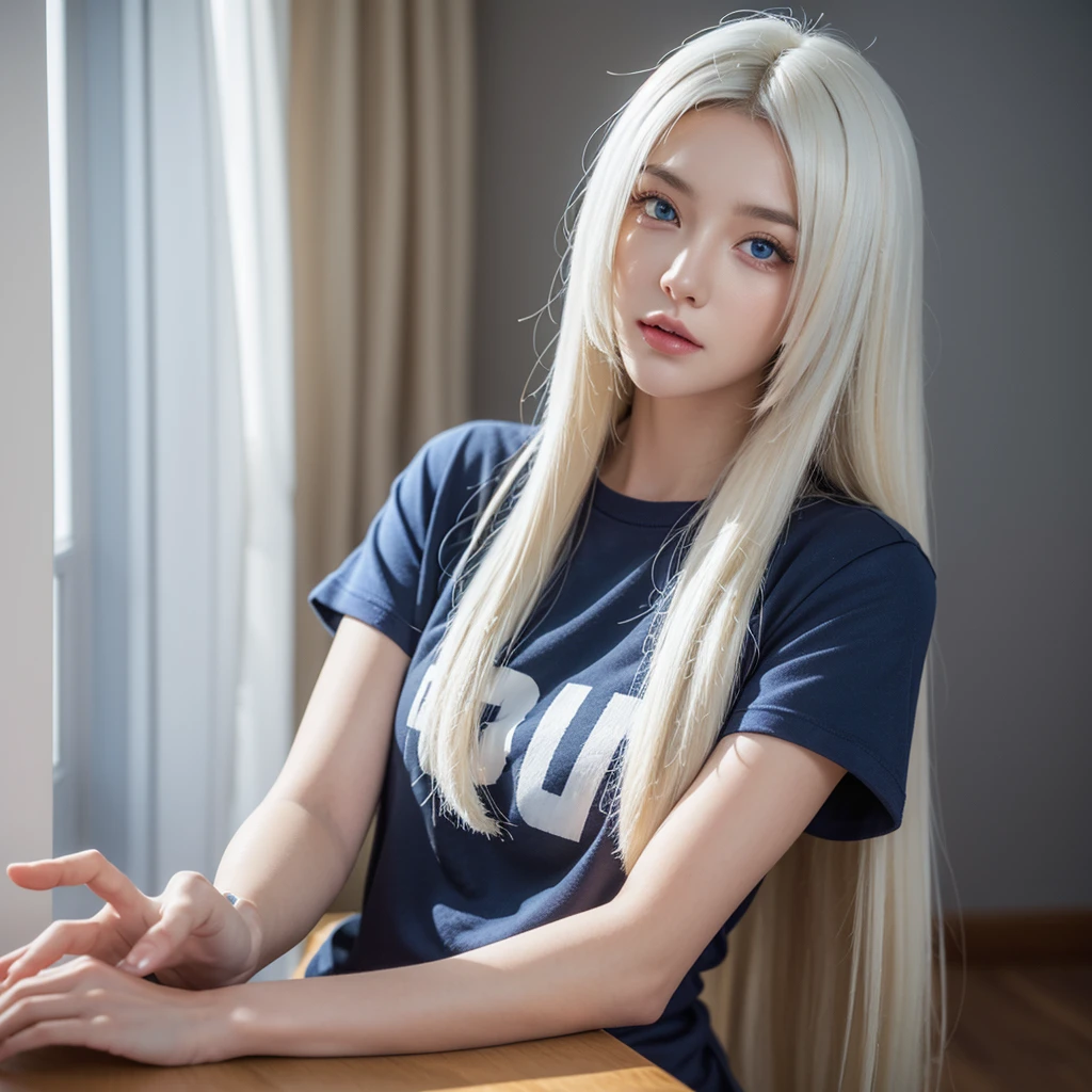 a beautiful detailed 1girl, extremely detailed eyes and face, long silky white hair, beautiful blue eyes, looking at viewer, realistic, photorealistic, photo-realistic, HDR, 8k, high quality, masterpiece, professional, ultra-detailed, vivid colors, studio lighting, physically-based rendering,Room background, t-shirts,  