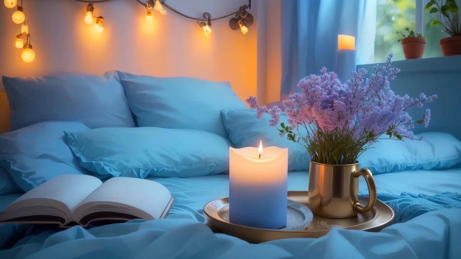 A bed with a blue duvet has a candle and a book on it, cozy and Peaceful atmosphere, Relaxed atmosphere, Peaceful atmosphere, Romantic atmosphere, relaxed mood, Romantic atmosphere, Cozy and calm, Beautiful atmosphere, Beautiful atmosphere, Peaceful atmosphere, Pleasant atmosphere, Cozy candlelight, beautiful and soft lighting, Cozy atmosphere, Candlelit