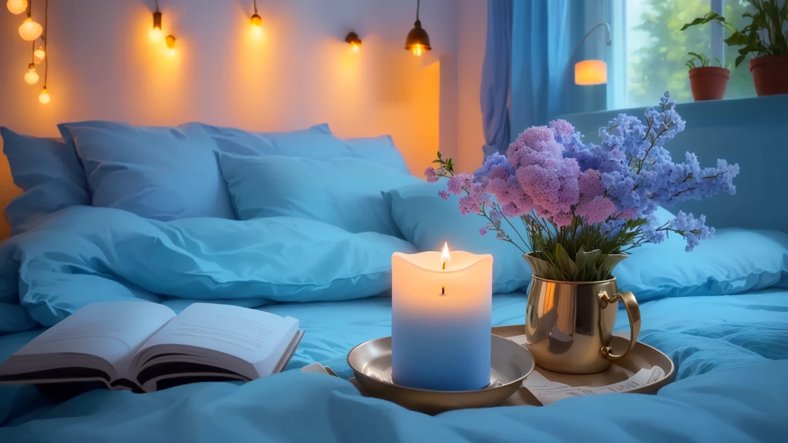 A bed with a blue duvet has a candle and a book on it, cozy and Peaceful atmosphere, Relaxed atmosphere, Peaceful atmosphere, Romantic atmosphere, relaxed mood, Romantic atmosphere, Cozy and calm, Beautiful atmosphere, Beautiful atmosphere, Peaceful atmosphere, Pleasant atmosphere, Cozy candlelight, beautiful and soft lighting, Cozy atmosphere, Candlelit