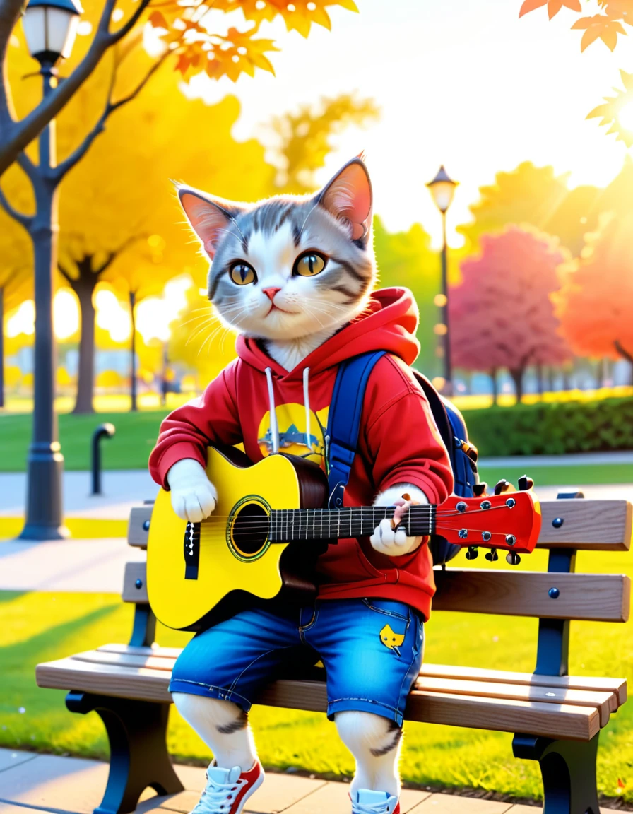 chibi personified cat, 3-heads-tall, playing acoustic guitar, park bench, sunset, relaxed, enjoying music, wearing colorful and stylish casual clothes such as a bright yellow T-shirt, red hoodie, and blue shorts, cute, in the style of Jean-Baptiste Monge, Alan Lee, high-resolution, realistic photo, random camera angle, not looking at the camera, full scene with park background, cat paws