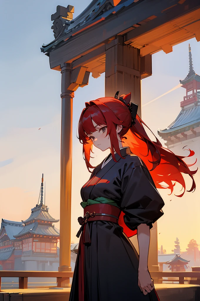 Teen , Female, samurai Clothing, Standing pose, Town background, Red Hair