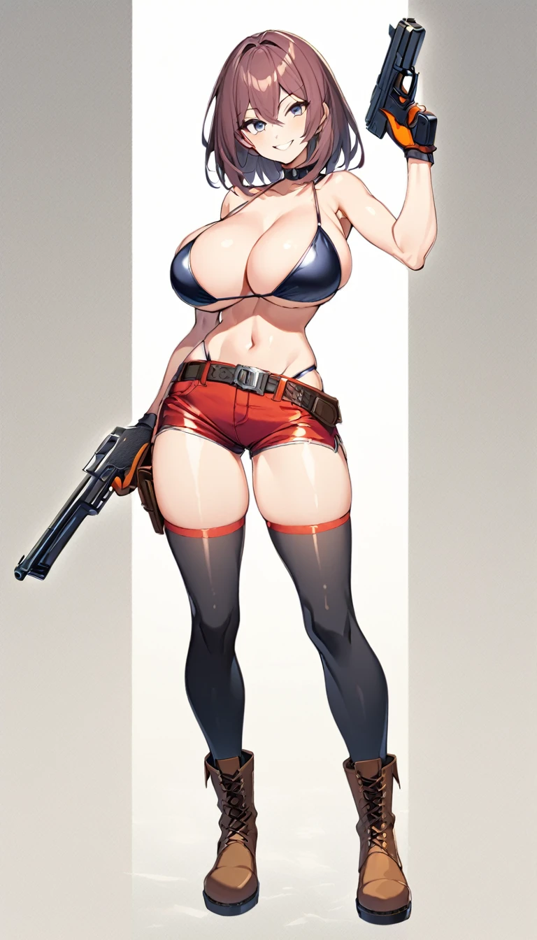 girl,big breasts,Bikini Tops,hot pants,gloves,smile,boots,Knee-high socks,full body Shot,hand pistol,