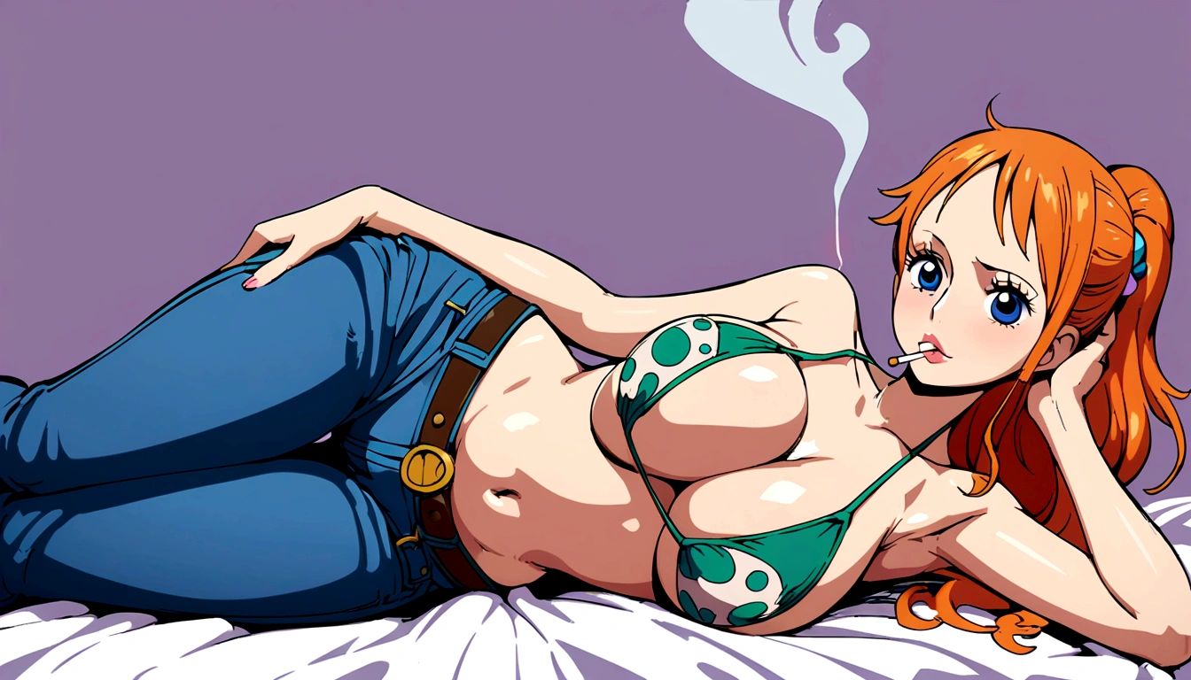 a cartoon picture of a woman in a bikini top and jeans, nami one piece, nami from one piece, nami, beautiful portrait of nami, from one piece, oppai, blue eyes, smoking, ponytail, nsfw