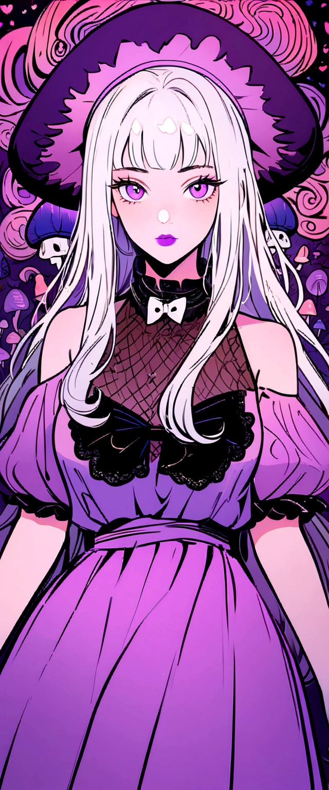 (best qualityer,4K,8K,high resolution,work of art:1.2),ultra detali,realisitic,portraite,Kizi,Purple mushroom hat white hair,long hair,beautiful detailed eyes,beautiful detailed lips,White top,black bow on the neck,Short pink skirt,purples eyes,illustration style,swirly vibrant colors,warm hues,soft lighting,purple mushrooms background, purple color contour