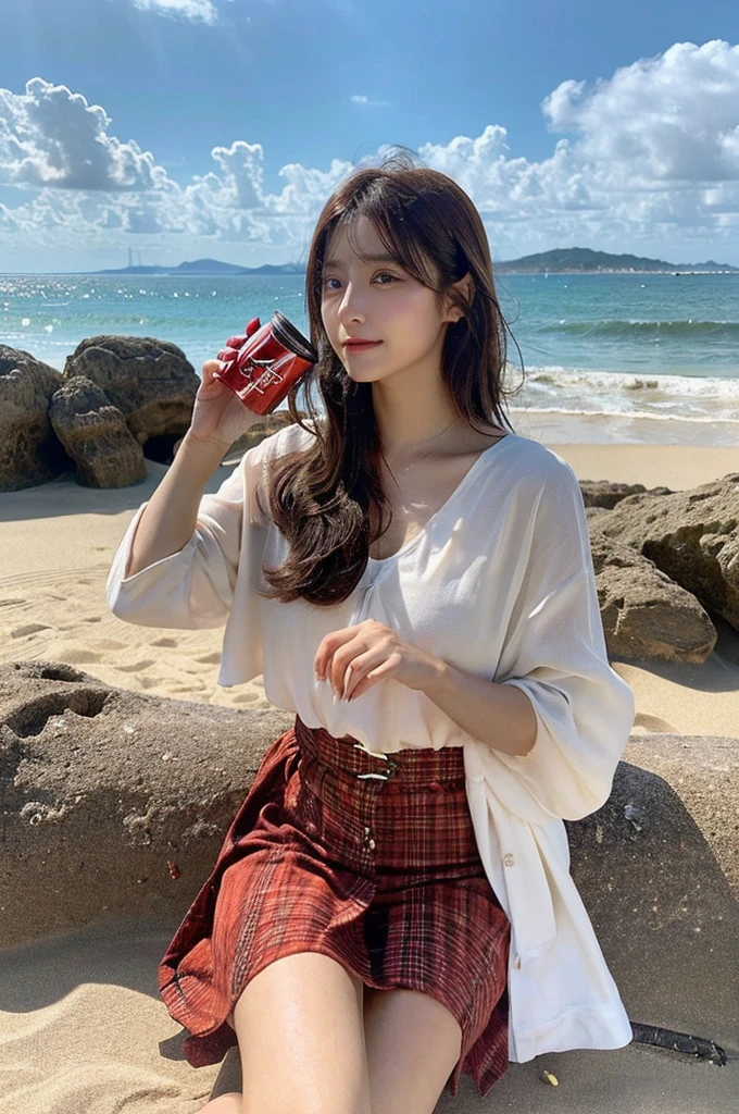On a well-lit beach、Barely、Sit down、Woman drinking cola