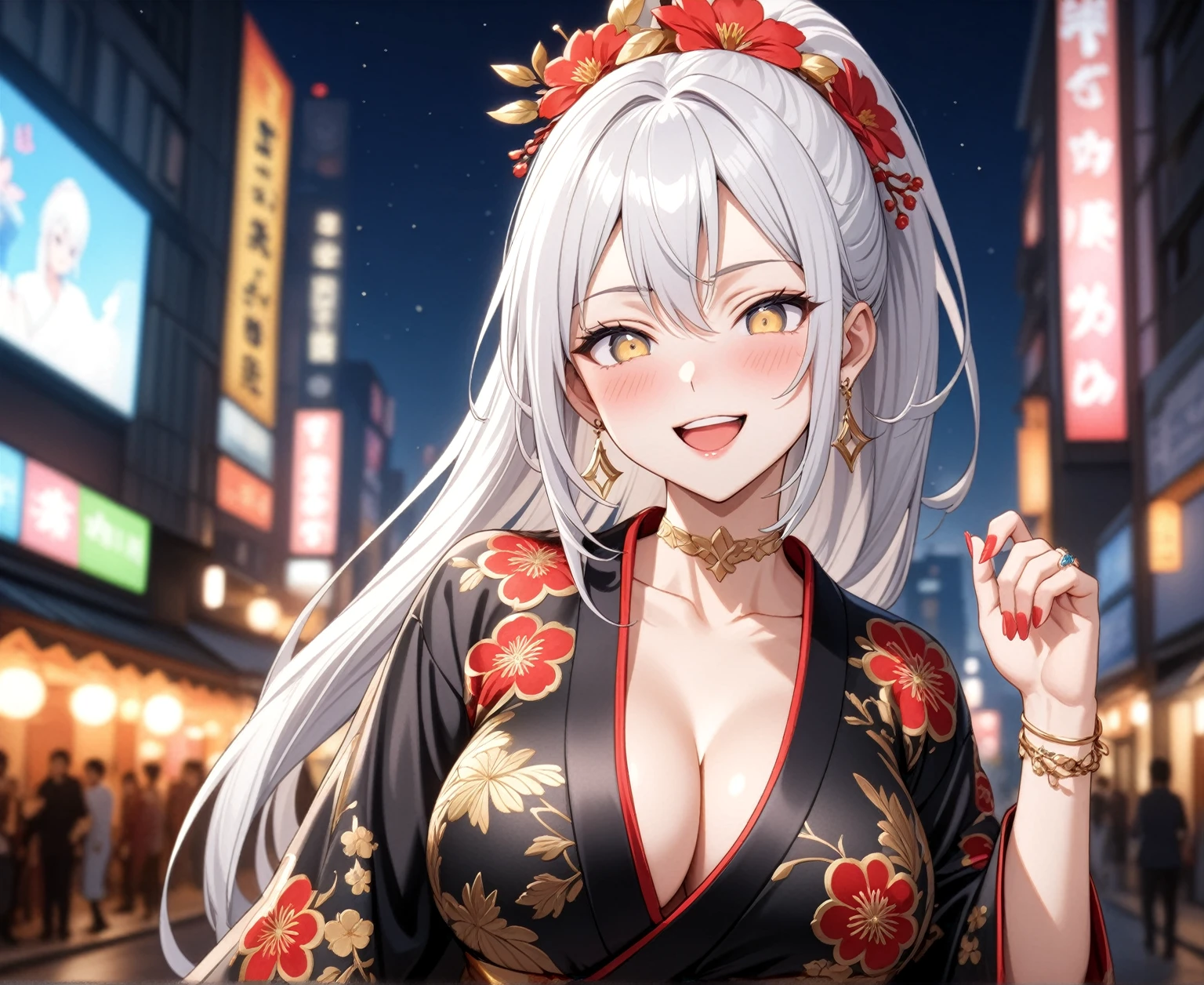 ((One personの女性)), Beautiful Face, Laughing embarrassedly, (laugh:1.2),((Wink:1.9)), (head tilt:1.3), Laugh with your mouth wide open, upper teeth, looking at viewer, ((full-face blush:1.6)),Glossy Red Lips, night, Skyscraper rooftop, firework, Glossy red lips, Shining Face, ((Anime style background)),masterpiece, Highest quality, so beautiful,up to date, Complex details, (Pink long nails),(ring),(bracelet),(Floral choker),AI-generated, Complex,High resolution, Highest quality, super high quality,3D Images、3D Images, One person, Long white hair, High Ponytail, Anime woman posing for a photo, (blue eyes), ((Fine grain、Silvery white, lightly pigmented eyes、Shining Eyes:1.3)), (Squint your eyes:1.1),a hyperRealistic , hyperRealistic , Realistic,Anime woman with long white hair, Smooth anime CG art, ((A woman in a colorful kimono with gold embroidery)), ((Black long-sleeved kimono 1.3)),(Red floral pattern),Long flower hair ornament,Earrings,Mature Body,aldult,(Big Breasts:1.1),Tall,Abdominal muscles,Tight waist,(face focus:1.2), (front view),