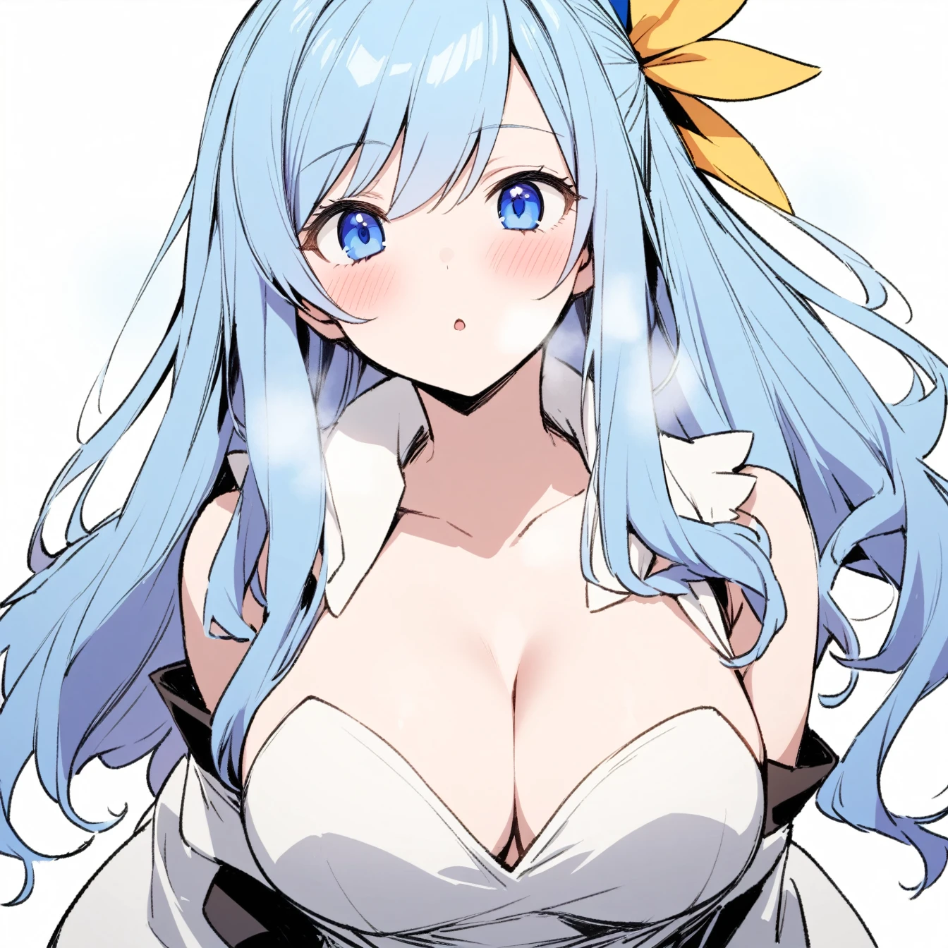 1 Girl,Lucy Heartfilia ，Fairy Tail，Solitary, Viewers, Pure white background，blush, ,breathe, avatar，Half Body，have no color，angle, masterpiece, best quality，Cleavage，