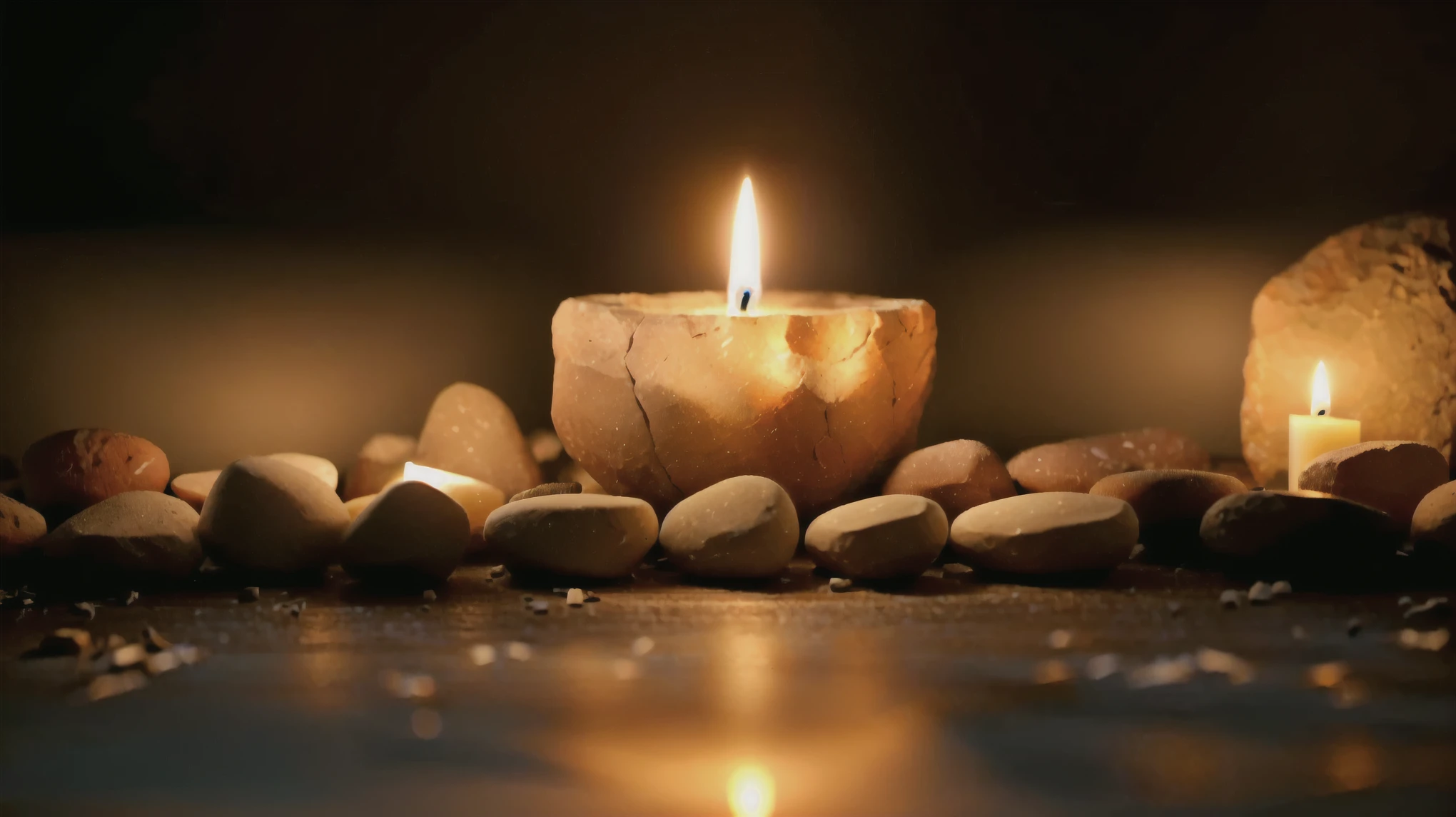 there is a lit candle sitting on a table with rocks, peaceful ambience, floating candles, candle light, candle lit, the candle is on a wooden table, candle, natural candle lighting, lit with candles, holy flame spell, candle lights, candlelight, candlelit, candle lighting, serene lighting, glowing candles, beautiful ambiance, lit candles, peaceful atmosphere