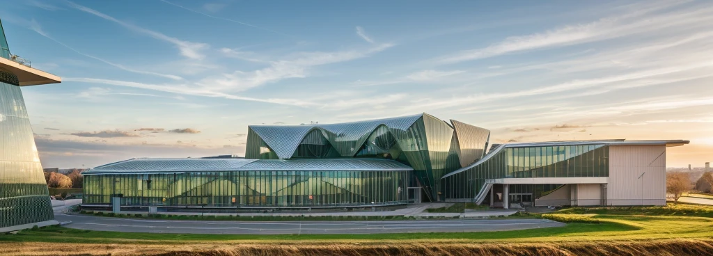 aerial view, master view, grass, day, line, curve, highquality, realistic photo, canon eos 5D mark, [[[architech1904]]], natural light, (realistic: 1.2), sharpen edge, green architecture, green building, morden building.