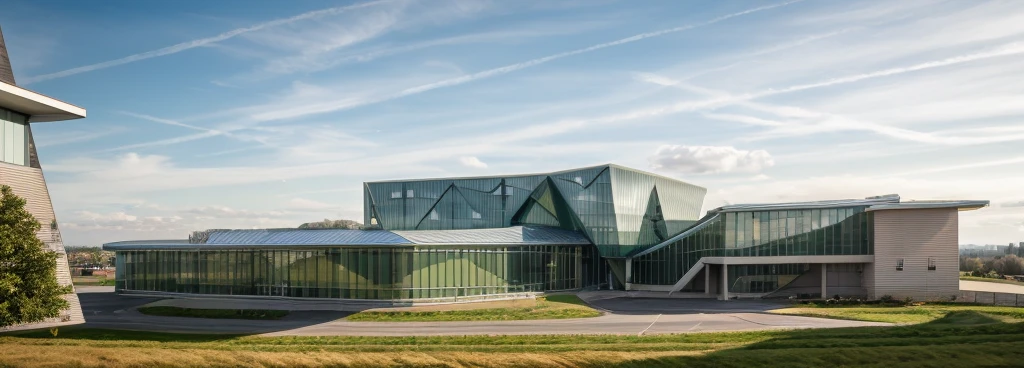 aerial view, master view, grass, day, line, curve, highquality, realistic photo, canon eos 5D mark, [[[architech1904]]], natural light, (realistic: 1.2), sharpen edge, green architecture, green building, morden building.