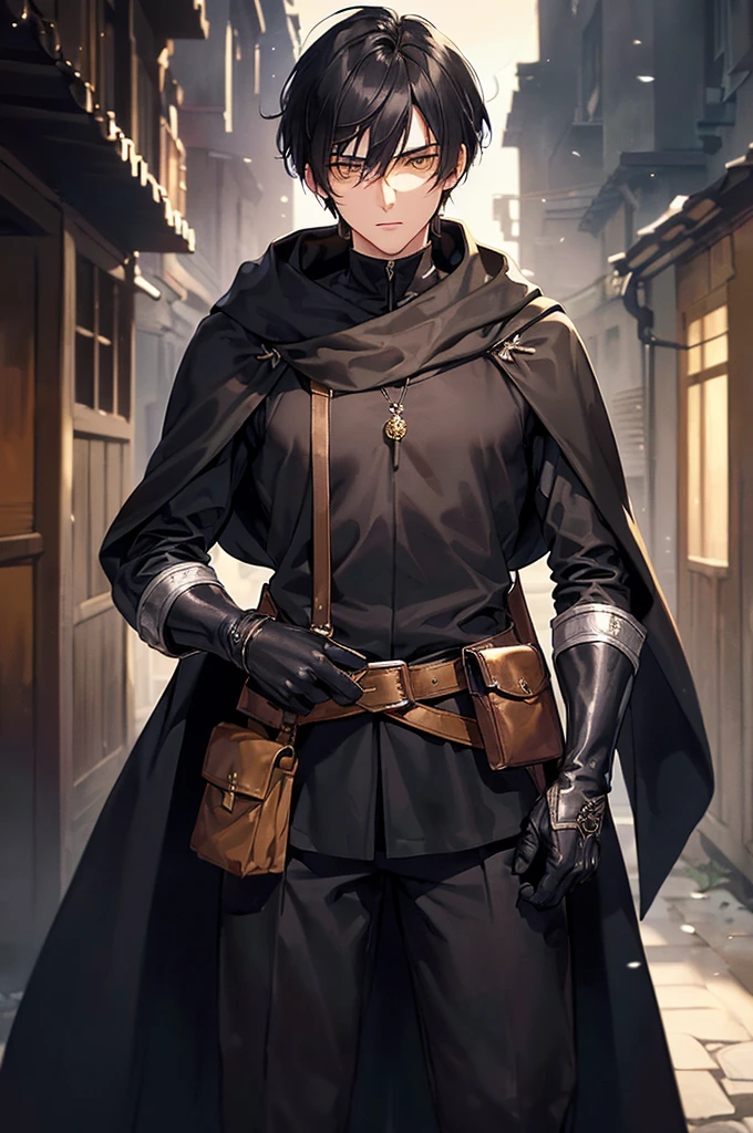 (masterpiece; best quality: 1.2), (finely detailed eyes: 1.3), ((25 year old man)), ((solo)), (yellow eyes: 1.4), (body; lithe, lean, slender: 1.3), (very short black hair: 1.3), (beautiful and clear background: 1.2), ((depth of field)), (clothes: black assassin attire + black high-neck tunic + black pants + black gloves + black cloak + belts + traveler pouches and satchel: 1.3), (anime illustration: 1.2), (background; medieval slums alleyway + night: 1.1), (extremely fine and handsome: 1.1), (shot composition; standing + centered on torso + close-up: 1.5), (expression; calm, stoic: 1.2)