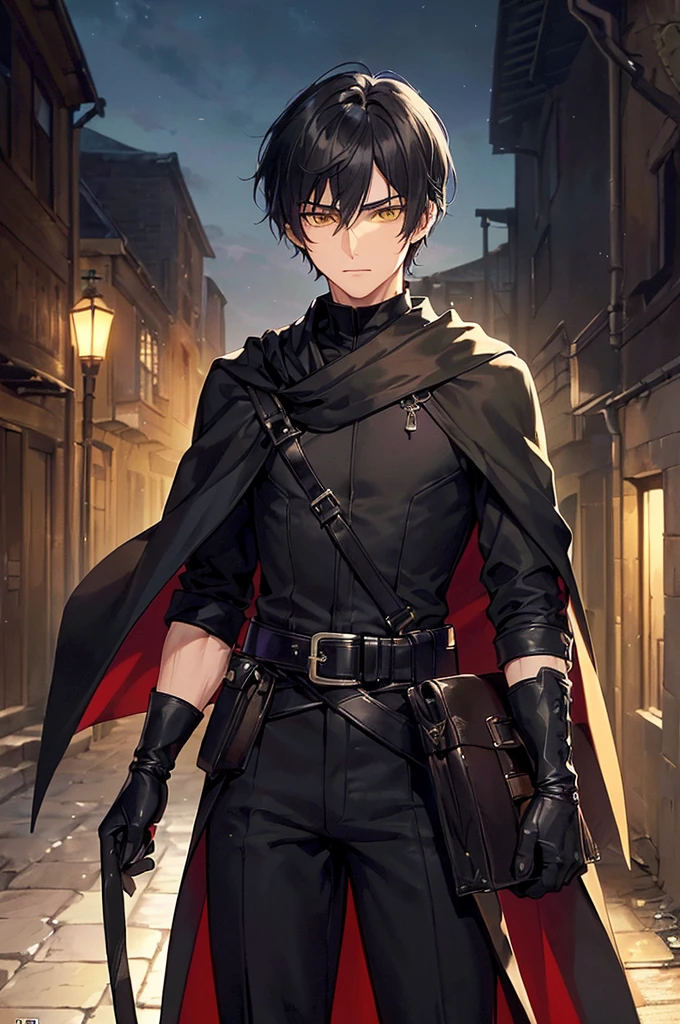 (masterpiece; best quality: 1.2), (finely detailed eyes: 1.3), ((25 year old man)), ((solo)), (yellow eyes: 1.4), (body; lithe, lean, slender: 1.3), (very short black hair: 1.3), (beautiful and clear background: 1.2), ((depth of field)), (clothes: black assassin attire + black high-neck tunic + black pants + black gloves + black cloak + belts + traveler pouches and satchel: 1.3), (anime illustration: 1.2), (background; medieval slums alleyway + night: 1.1), (extremely fine and handsome: 1.1), (shot composition; standing + centered on torso + close-up: 1.5), (expression; calm, stoic: 1.2)
