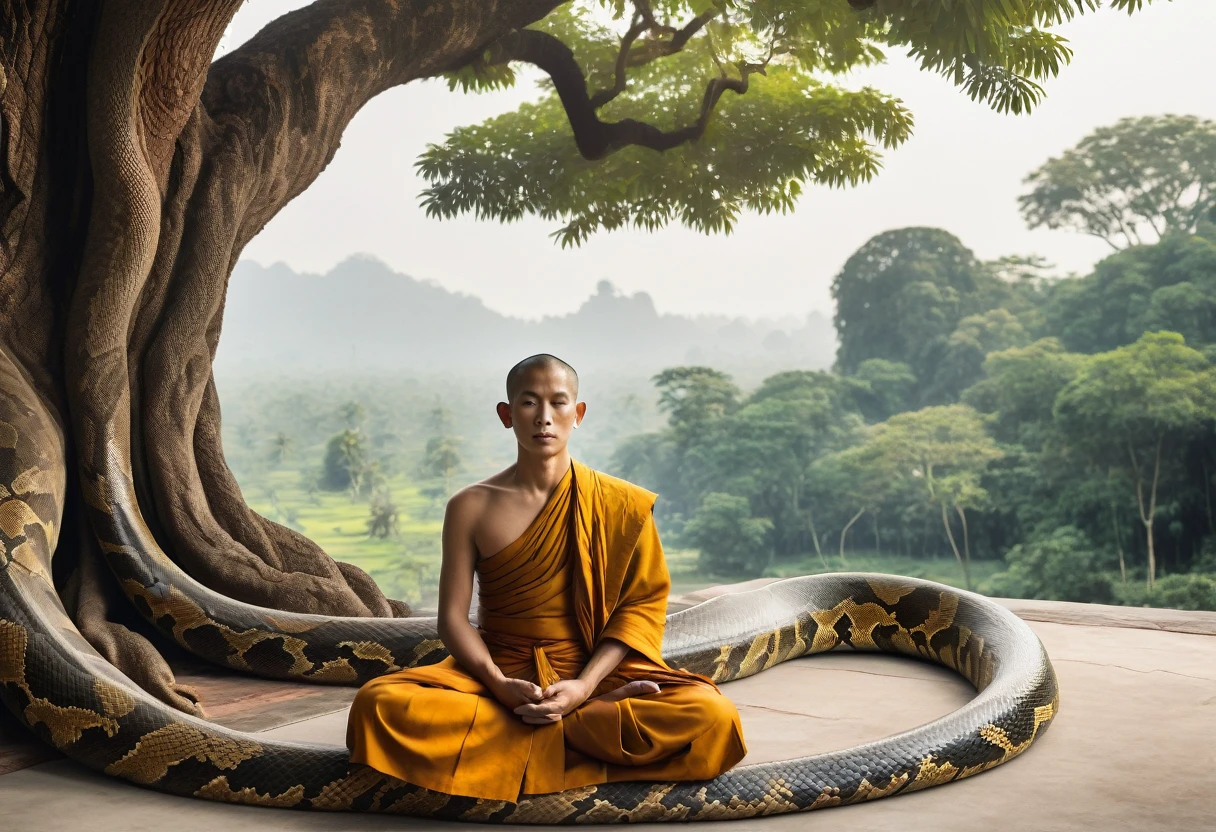 "Create a realistic, highly detailed, vintage-style image from the 1960s. The scene features a Thai monk old cloth meditating under a large tree. A giant snake resembling a Naga is coiled nearby. The image should be in an old color style, emphasizing realistic details and evoking a sense of authenticity from the 1960s."
