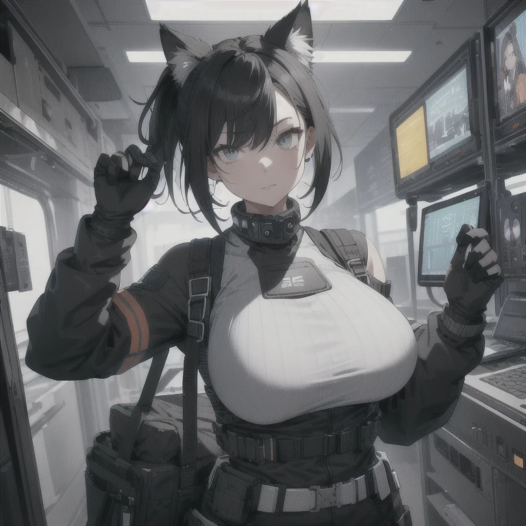 Absurd resolution, high resolution, (masterpiece: 1.4), hyper-detail, full body shot, solo, 1 kemono feline cat woman, black hair, messy ponytail, cute face, detailed soft grey eyes, huge massive hyper super swollen breasts that cover her whole torso and are bigger than her head while being so big they reach her belly button, extremely large bust, wide full hips, narrower torso and shoulders, smaller torso, full thicc big soft thighs, big rounded full soft butt, ruggedized utility styled outfit, full body outfit coverage with no skin showing or revealed, weather-proof clothing material, monochrome black and grey fullbody covering protective padding pilot rugged utility suit with white chest, scifi padded rugged high collar techwear jacket, white and black triangular decals and techwear iconography on apparel and clothing, techwear gloves, arm mounted strapped display scifi tablet/communication device/computer, rugged tablet display mounted on MOLLE strap on top of her bust, ruggedized computer tablet mounted above her breasts, screen display mounted on top of her chest, ruggedized tech, ruggedized tech aesthetic, fitted utility pants, utility chaps, near future scifi, cyberpunk aesthetic, anime aesthetic, Death stranding style,