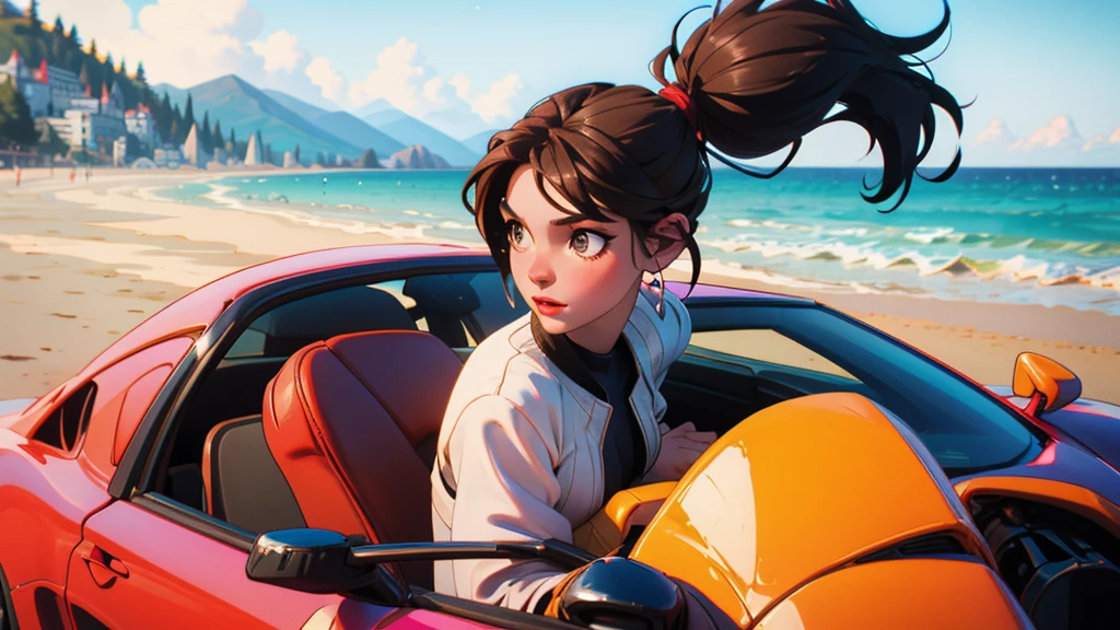 A beach with a brunette woman in her 20s driving a sports car, ponytail, 1 woman, side