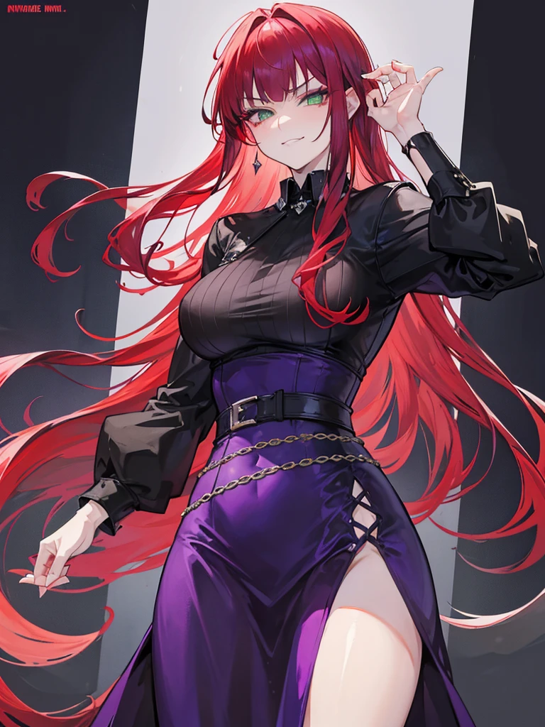 woman, green eyes, long red hair, bangs. she hair wavy. wear purple black dress, arrogant, independent woman, thug. bad girl. intimidating women. background in mansion. mature woman. mafia. arrogant smile. in night