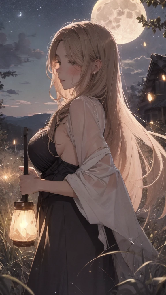 masterpiece, best quality, night, hill, clouds, full moon, long hair, woman, silhouette, fireflies, looking at viewer, medium ,drunk blush , full clothes, luxury clothes