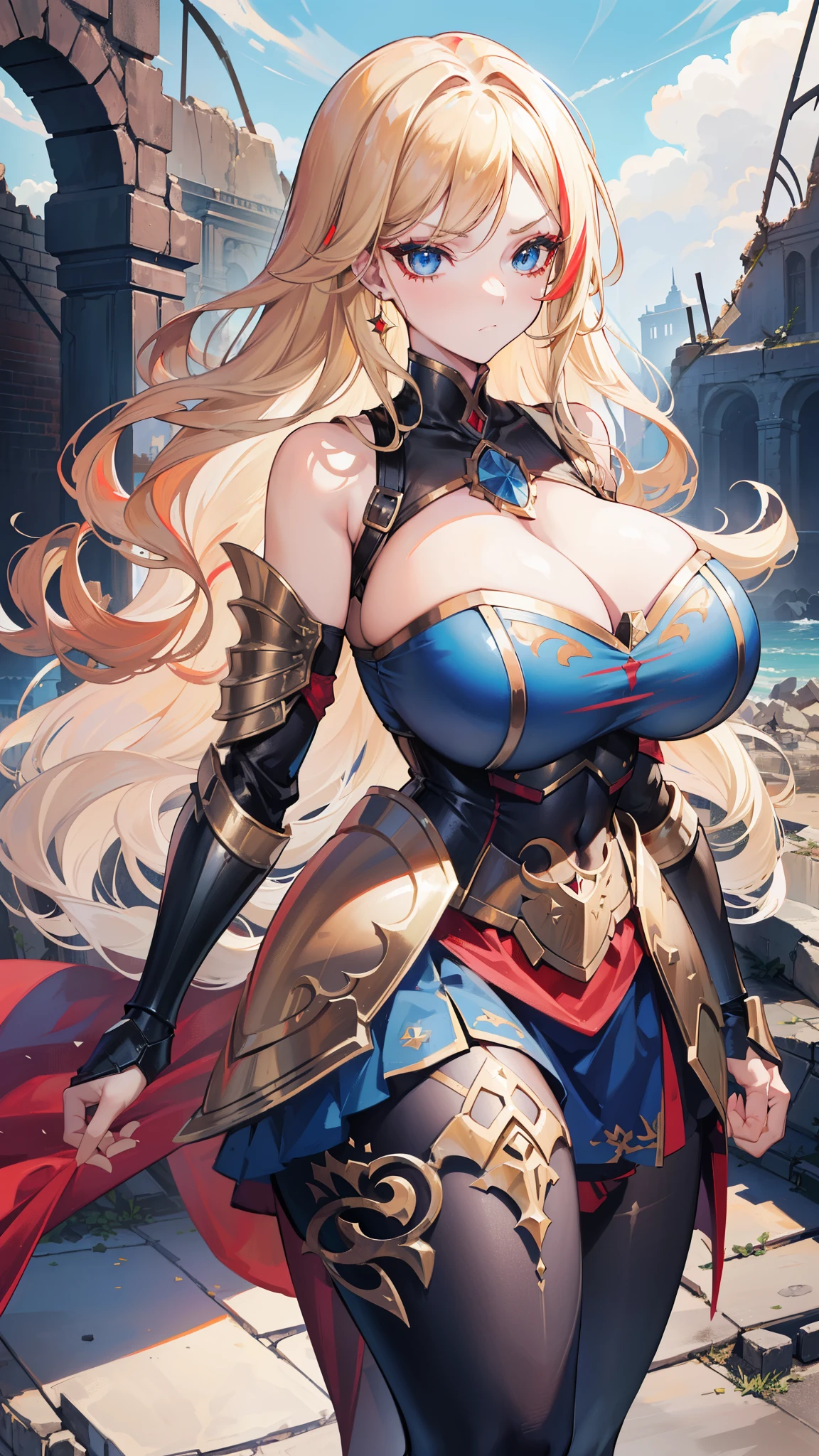 beautiful girl,Long blond hair,(curls),(((Squinting eyes))),(Carved armor),Metal Armor),Blue long skirt,Black pantyhose,Shoulder armor,clavicle,(Off-shoulder),(((super huge breasts))),((Red Eyeshadow)),Remains Cliff,((In the ruins))