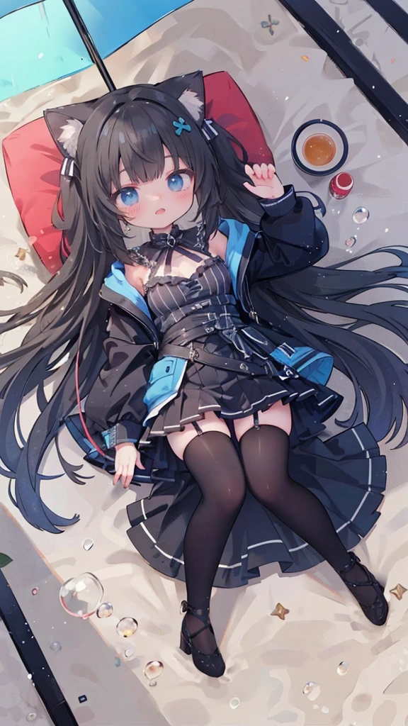 a girl,mini skirt,strappy heels，On the beach，Full body portrait,Hair，Has cat ears,Vision,Full body portrait,high quality,8k wallpaper，she blushes，Open your mouth，Wearing strappy heels