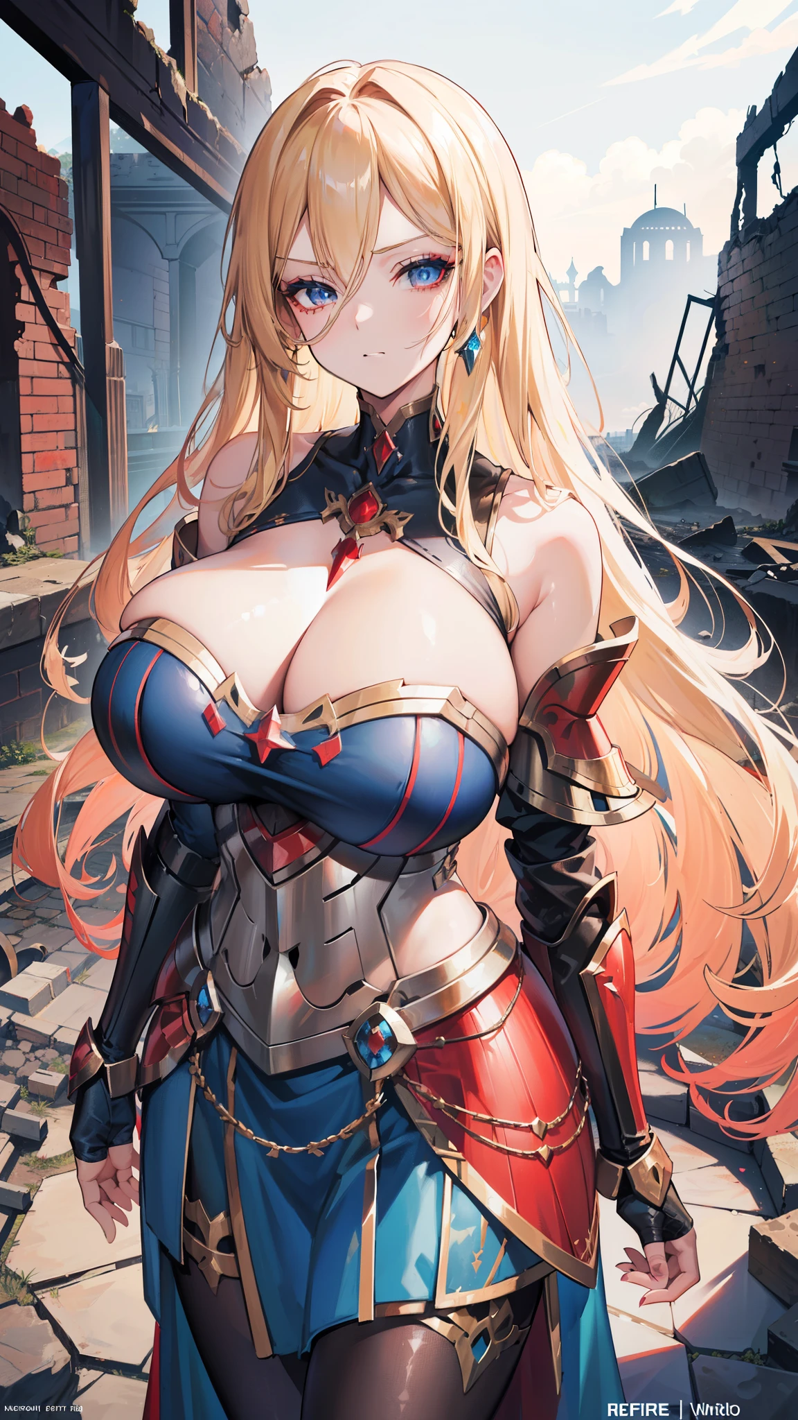 beautiful girl,Long blond hair,(curls),(((Squinting eyes))),(Carved armor),Metal Armor),Blue long skirt,Black pantyhose,Shoulder armor,clavicle,(Off-shoulder),(((super huge breasts))),((Red Eyeshadow)),Remains Cliff,((In the ruins))