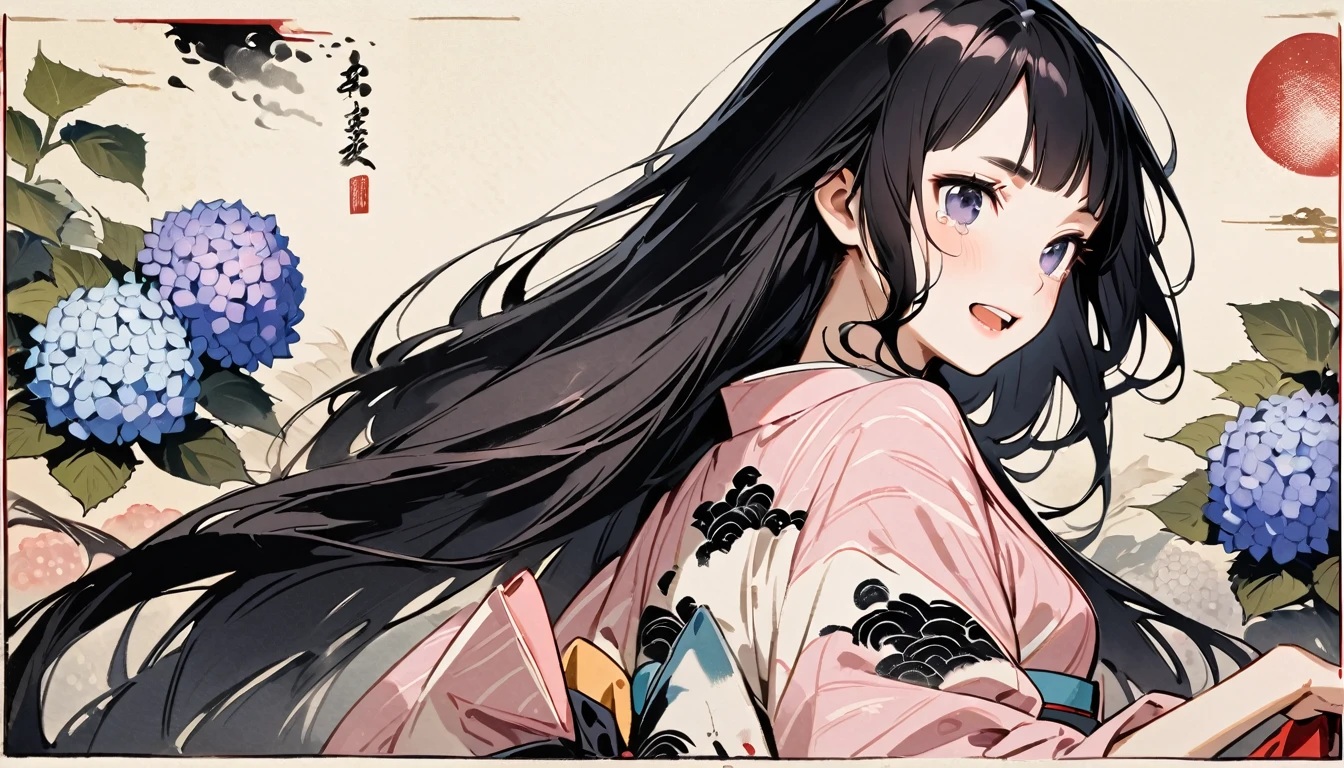 Highest quality, Katsushika Hokusai, Ink Painting, (((Very straight long hair))), (((Hydrangea))), (((Pale pink yukata))), beautiful girl, Black Hair, Delicate and precise, Modern ukiyo-e style, Laughter and Tears