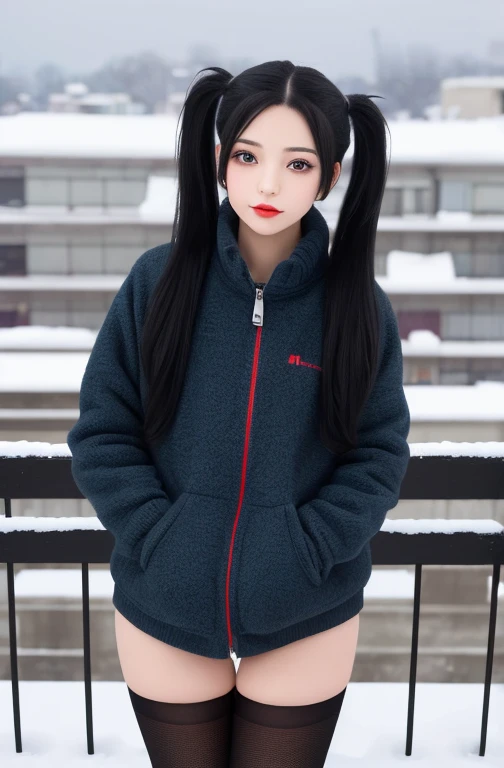 ((masterpiece)), (Highest quality), (detailed), One girl,
View your viewers,  (lipstick:0.75), Leaning forward,
Long black hair, Twin tails,
Colorful thighs,
winter, Vibrant colors,
 