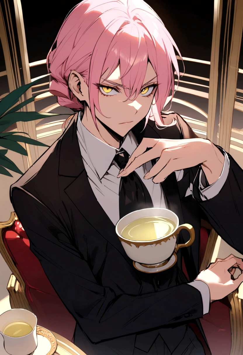 An adult with pink hair, one yellow eye and one brown eye , white tea, somewhat fine features and wears a formal suit