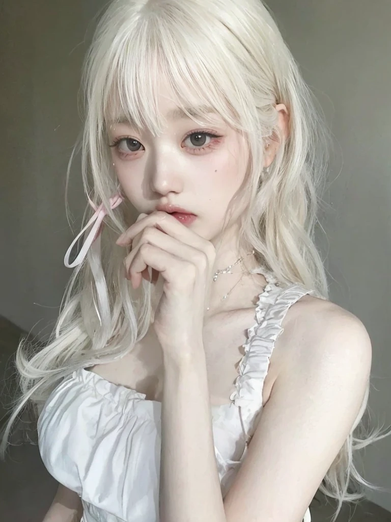 chica de pelo rubio con tijeras rosas en la boca y un vestido blanco, pale milky white porcelain skin, pale porcelain white skin, chica anime en la vida real, pelo largo y blanco y flequillo, young pale ghost, chica anime cosplay, extremely pale blonde hair, peinado de corte hime blanco, bella delfina, very very pale blonde hair, con el pelo largo y blanco, chica anime joven realista, yuna itzy, wonyoung ive, jennie blackpink