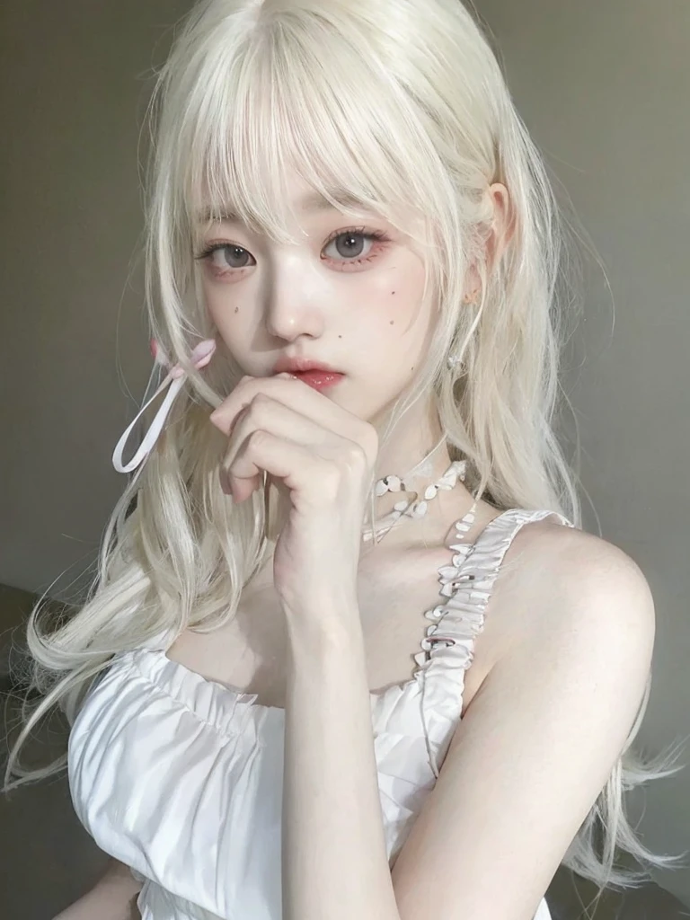 chica de pelo rubio con tijeras rosas en la boca y un vestido blanco, pale milky white porcelain skin, pale porcelain white skin, chica anime en la vida real, pelo largo y blanco y flequillo, young pale ghost, chica anime cosplay, extremely pale blonde hair, peinado de corte hime blanco, bella delfina, very very pale blonde hair, con el pelo largo y blanco, chica anime joven realista,  yuna itzy, wonyoung ive, jennie blackpink 
