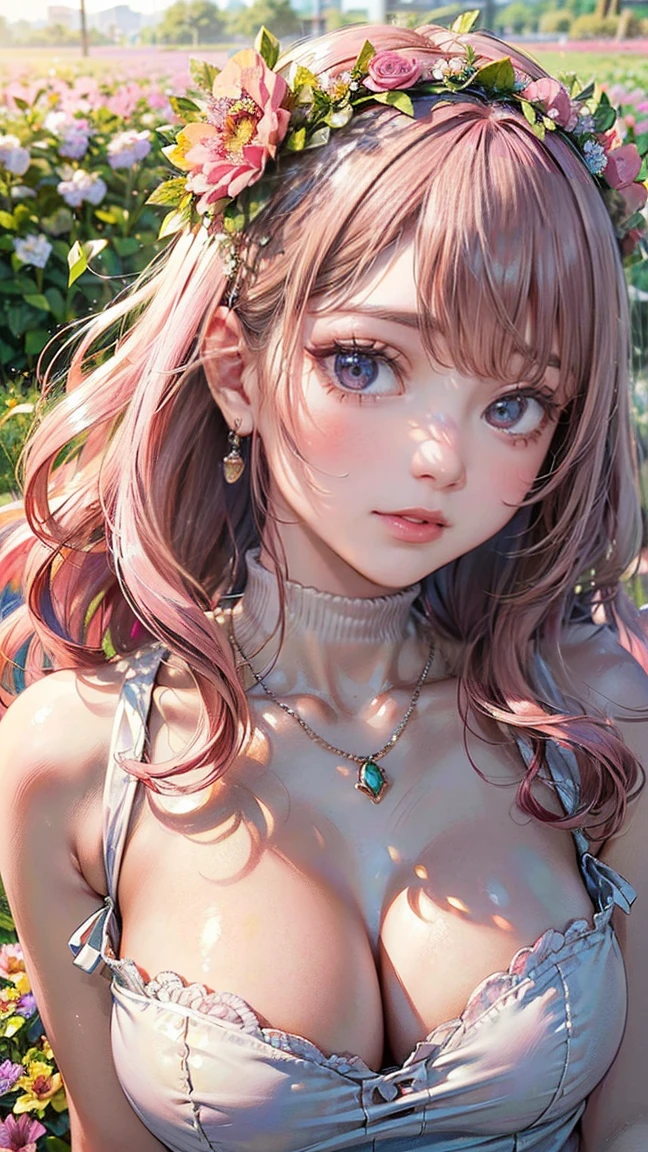 (Masterpiece, BestQuality:1.3), (ultra detailed:1.2), (hyperrealistic:1.3), (RAW photo:1.2), High detail RAW color photo, professional photograph, (Photorealistic:1.4), (realistic:1.4), (Pink Hair:1.5), professional lighting, perfect anatomy, (Big Breasts:1.2), (blush, detailed face), (A happy smile:1.7), Trending Hair&Trending Hairカラーをランダムに, earrings, necklace, bracelet, sexly, erotic sexly, Random sexy gravure poses, (A woman wearing a flower crown、Smiling happily in a dress in a flower field。Long wavy hair swaying in the wind。:1.3)