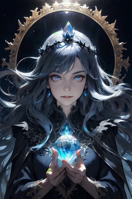 (Absurd, High resolution, Super detailed), 1 Female, Mature Woman, Old age, Wavy long hair, Rainbow Hair, Coral colored eyes, bangs, Long sleeve, finely detailed eyes and Detailed face, Highly detailed CG Unity 8k wallpaper, Intricate details, (Style - Swirl Magic:1.0), View your viewers, alone, Upper Body, Detailed Background, close, Detailed face, (Gothic Dark Age Theme:1.1), Crystal Magician, Dynamic pose, Earth themed clothing, Crystal Crown, Floating in the air, Glowing Magic Fragment, Surrounded by blue magic crystals, rock formation, Stalactites, Magical Floating Particles, Crystal Glass, crystal sphere, Crystal Canyon Background, (Shallow water:0.7), Magnificent and fantastic atmosphere, Updraft,, Portraiture