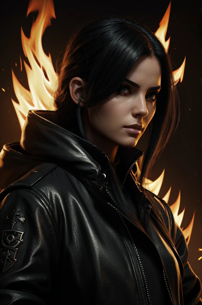 a woman in a black jacket with a sword and flames around her, Artstation contest winner, trending on cgstation, avatar image, official fanart, official splash art, headshot profile picture, official artwork, discord profile picture, promo art, album art, deviantart contest winner, iconic character splash art, profile picture include this "WSR ADMIN EMMYLOU"