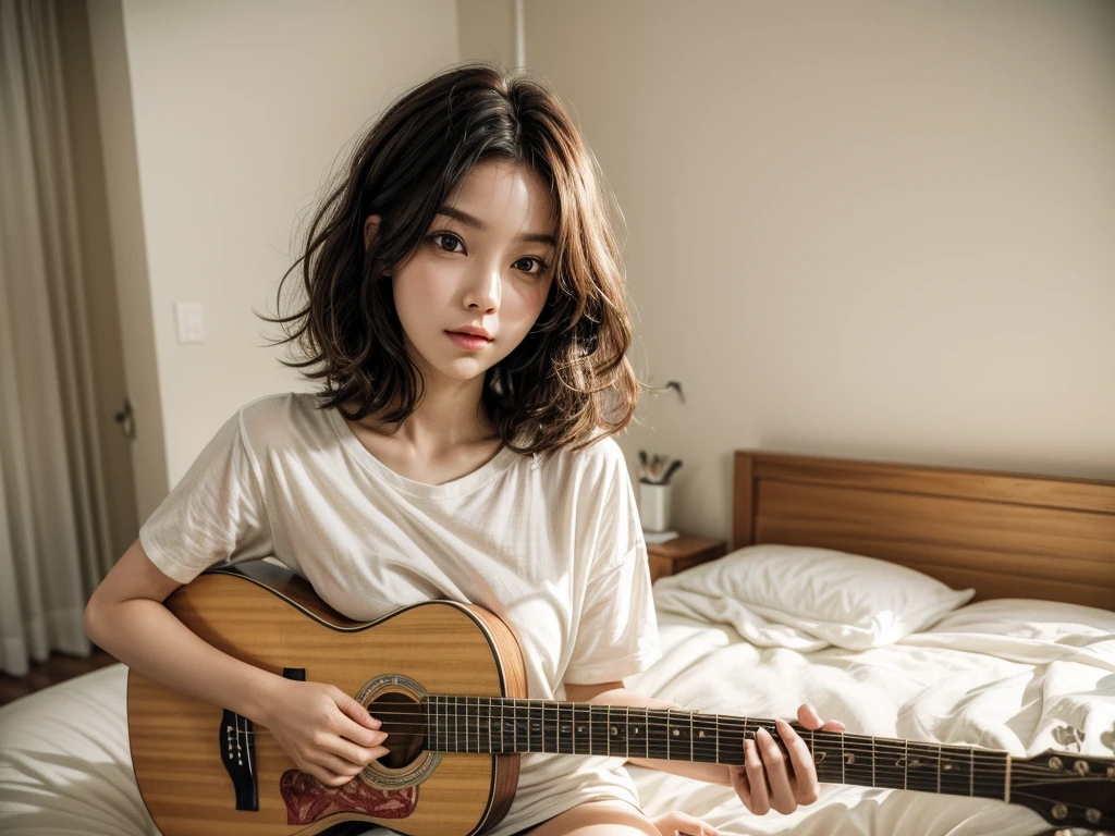 best quality, ultra high res, (photorealistic:1.4), wavy bob hair, masterpiece, 1girl, detailed eyes, white shirt, (style:1.5), bed, bedroom detailed, Cream-colored wall, at background guitarhanging on the wall, sitting selfie photo