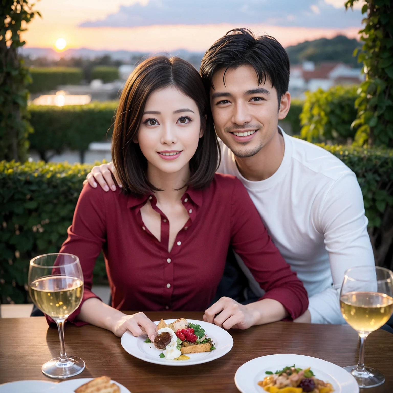 ((Highest quality、8K、masterpiece:1.3))、 (Ultra-realistic、 Genuine、Bright image、Intricate details:1.2), 最高のsmile、1 male、1 female、Beautiful couple、Satomi Ishihara、Slim lover、Kind woman、actress couple、smile、Full-course dinner at a packed table、 (Slim face), (the body is slim), (Brown Hair), (short hair), テーブルのwine glass、Please shine a light on my face、 Amazing view of the sunset sky and clouds、35 years old 39 years old, red wine 、Appetizers、Wine bottle、sparkling wine、Long sleeve shirt、dress、White wine, red wine, wine glass,