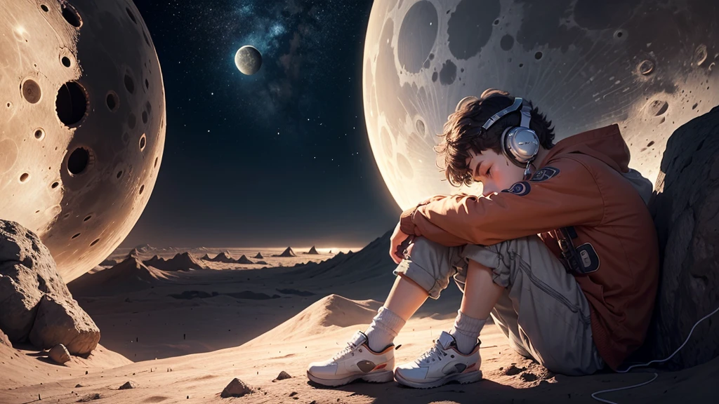 boy listening to music on the moon